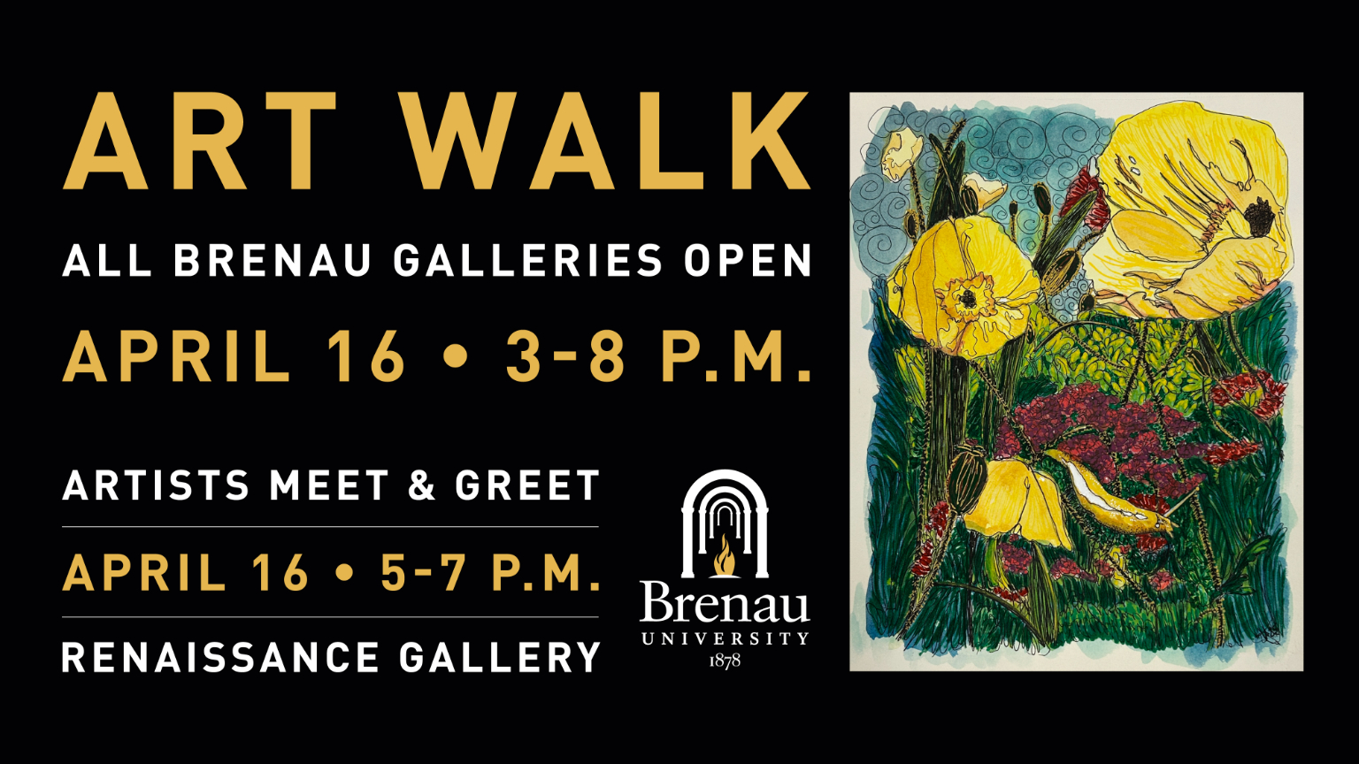 Art Walk. All Brenau Galleries open. April 16 3-8 p.m. Artist meet and greet April 16 5-7 p.m. Renaissance Gallery.
