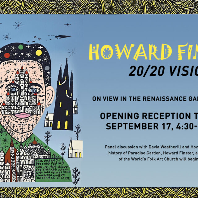 Folk art by Howard Finster featuring the face of a man wearing a green suit on a blue background