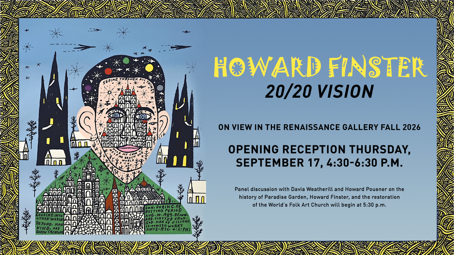 Folk art by Howard Finster featuring the face of a man wearing a green suit on a blue background